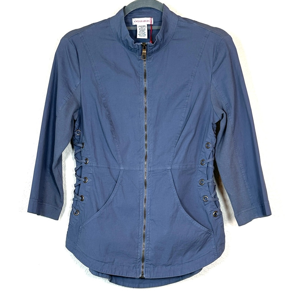 NWT Wearables Larissa Stretch Poplin 3/4 Sleeve Zip Up Jacket Prime Blue Small
